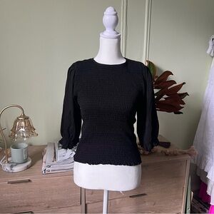 Black Elastic Cinched Smocked Puff Short-Sleeves Cotton Blouse Modest Shirt Sz S